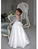 Sheer Long Sleeve Ivory Lace Satin Flower Girl Dress